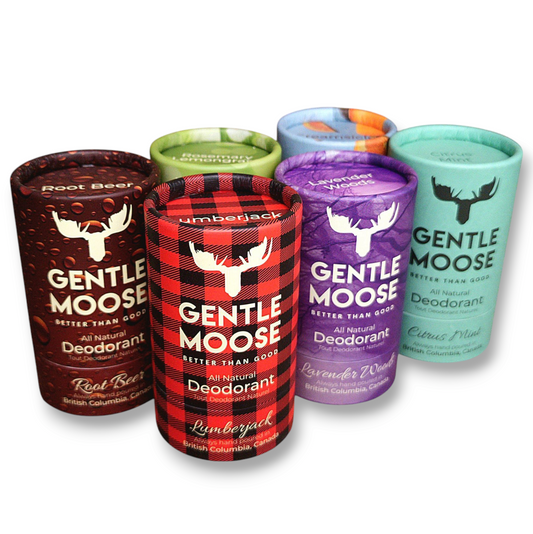 Gentle Moose best natural deodorant six pack, chemical free, plastic free, essential oils only for men and women made in Canada by Canadians